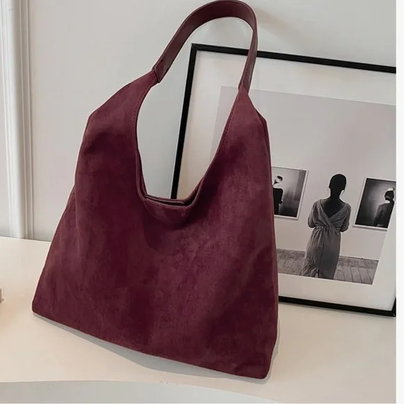Women's Suede Hobo Bag with Matching Pouch - Burgundy - Picture 2 of 3